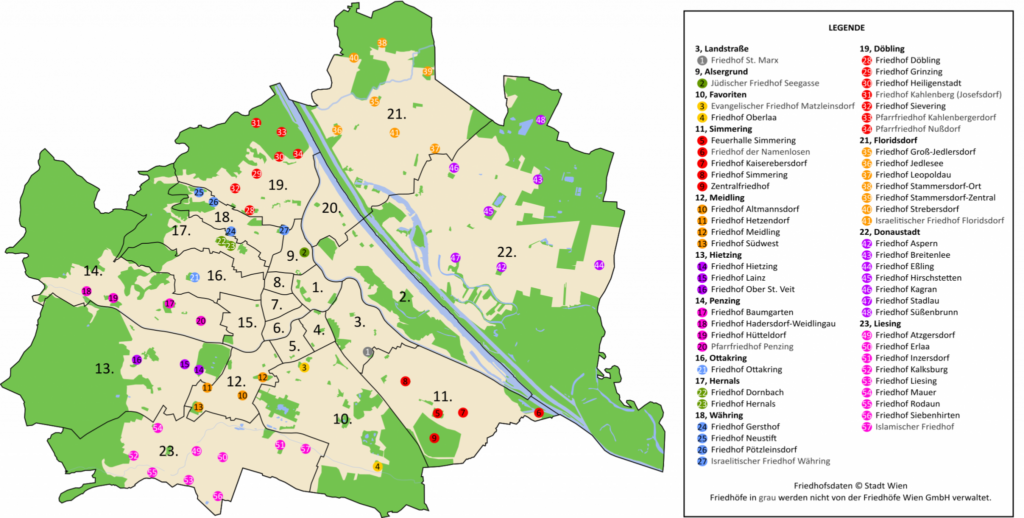 Wiener Friedhofskarte der 57 von Friedhöfe Wien GmBh betreuten Areale.